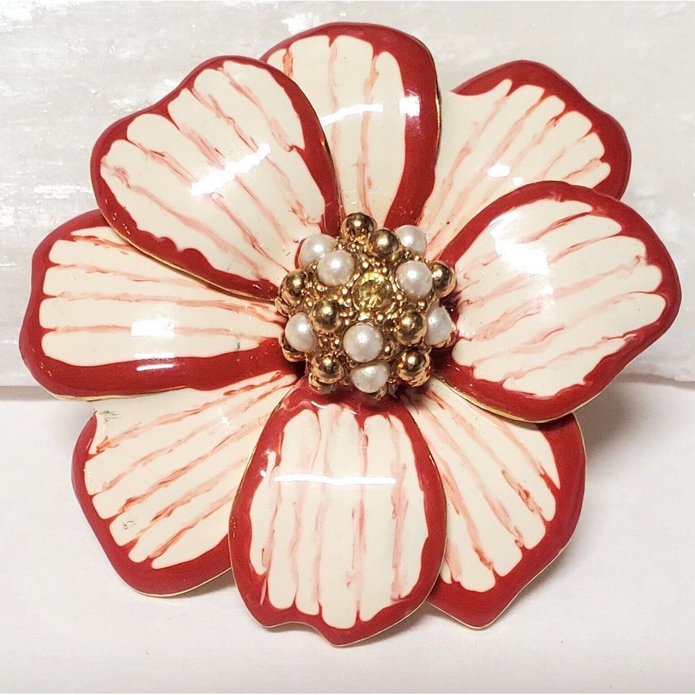 VTG Monet Brooch Signed Floral Enamel & Faux Pearl Rhinestone Red/Ivory Larg Pin
